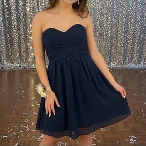 David's Bridal Dress Sz 2 Navy Blue Strapless Chiffon Brides Formal Cocktail